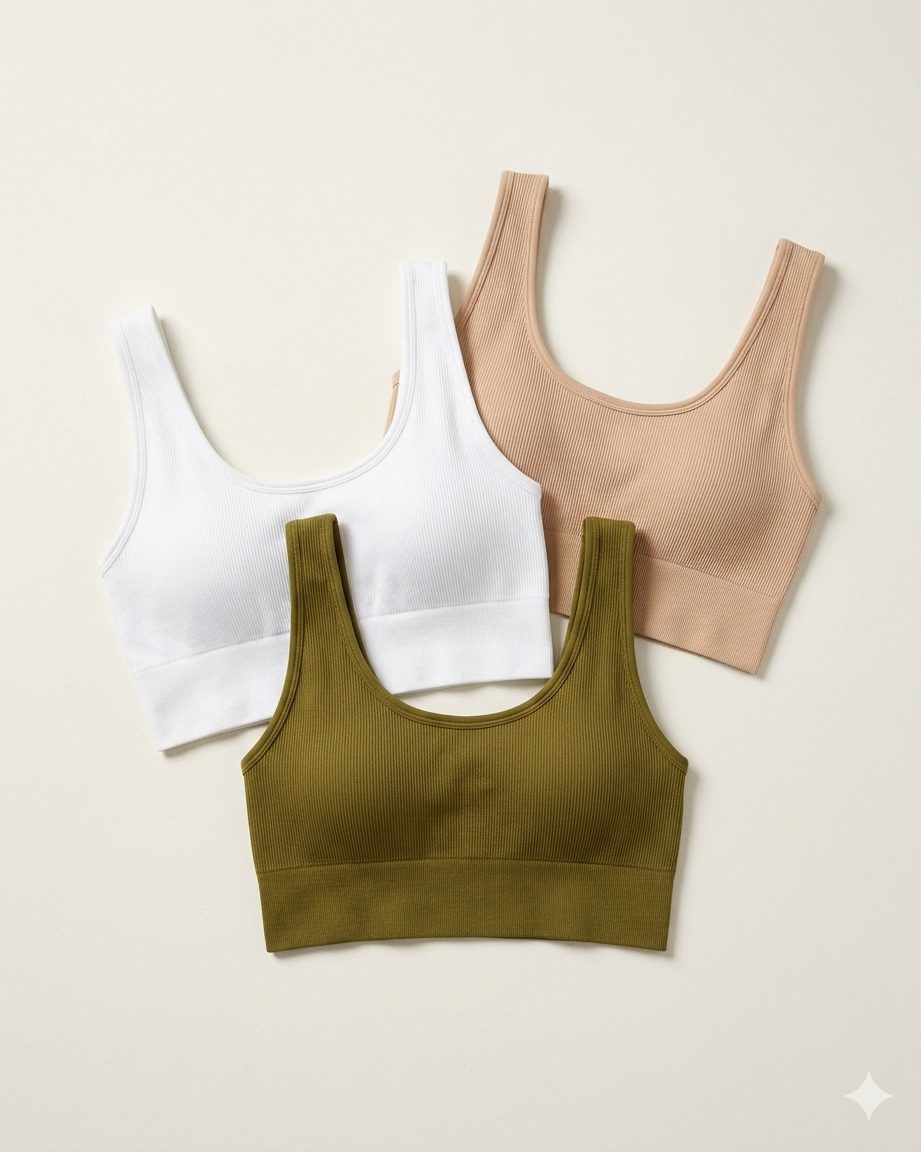 Três tops em cores diferentes — branco, verde-oliva e bege — lado a lado